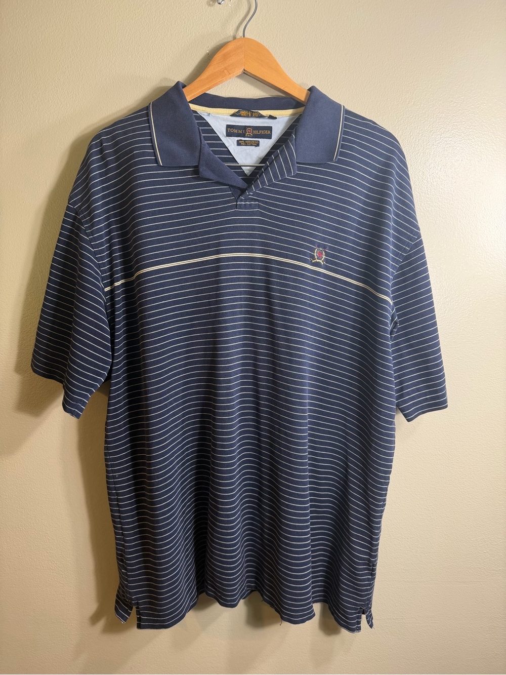 Tommy Hilfiger Navy and White Thin-Strip Polo